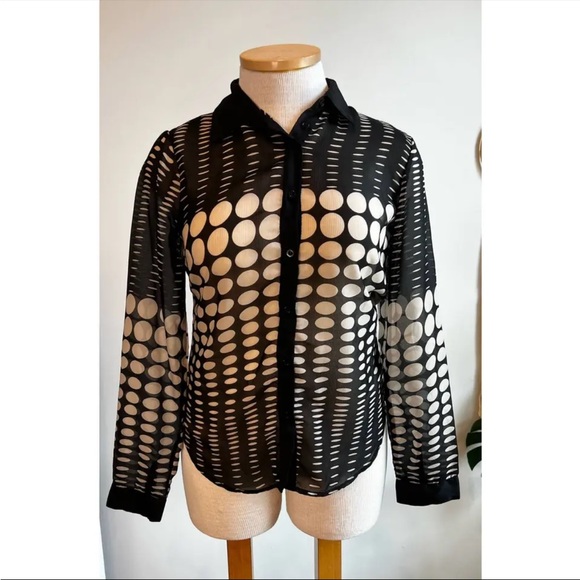Y2k Wet Seal Womens Blouse Sheer 🖤Polka Dot Black Cream Size XL🖤 - Picture 3 of 5
